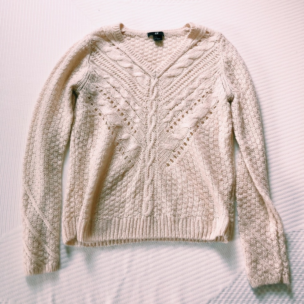 Cream Knit V-Neck Sweater